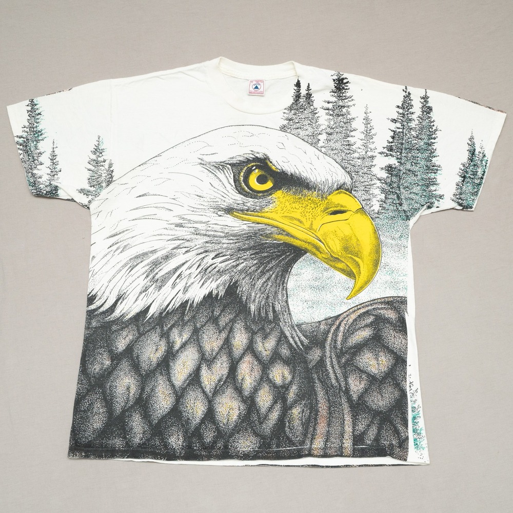 Vintage 90s AOP All Over Print Front & Back Massive Eagle Wings T Shirt XL - Picture 1 of 6